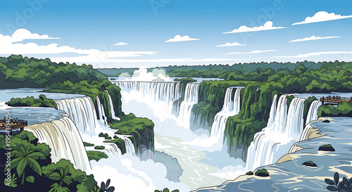 A vibrant vector illustration of a breathtaking waterfall landscape with lush greenery and a serene blue sky.