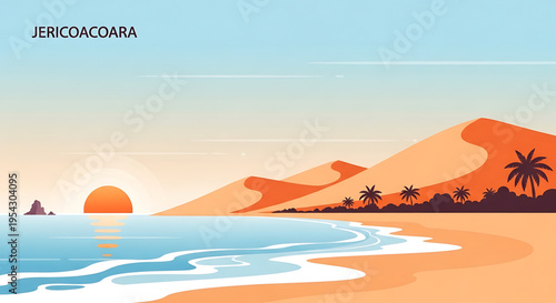 A serene beach scene at sunset with palm trees and sand dunes in a vibrant, flat vector illustration.