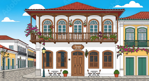 A colorful vector illustration of a charming European-style building with a balcony and outdoor seating area