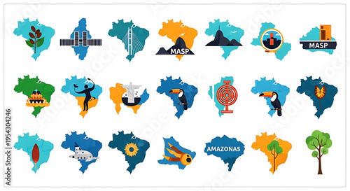 A colorful vector graphic illustration of Brazil featuring various icons and symbols representing different regions and landmarks.