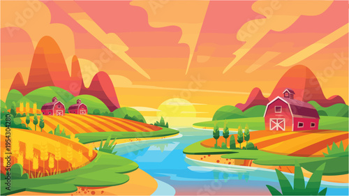 Vibrant cartoon landscape illustration featuring a scenic farmhouse wi