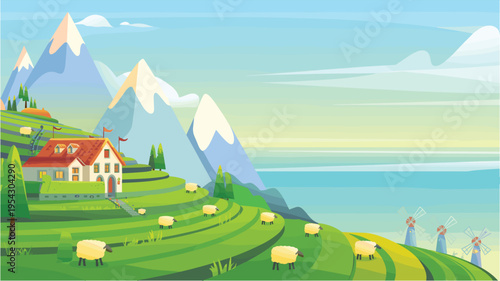 Whimsical cartoon illustration of a peaceful mountain farm landscape w