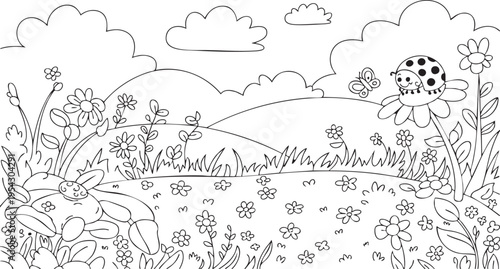 Black and white coloring page featuring a cute ladybug in a floral mea