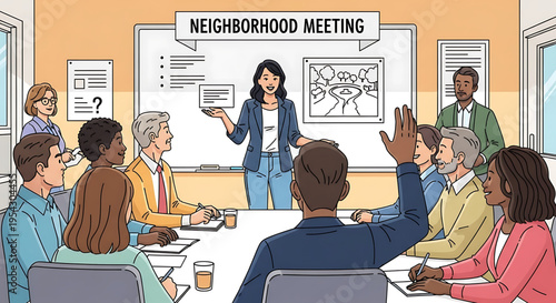 A diverse group of people attending a neighborhood meeting in a conference room with a woman presenting at the whiteboard