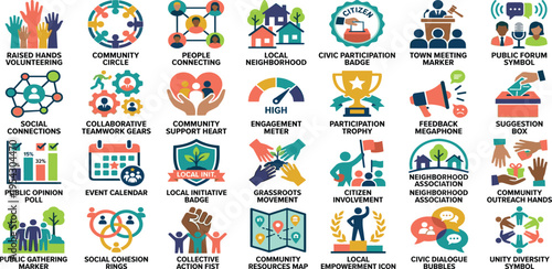 Community Engagement and Civic Participation Icons for Social Connection and Public Forums