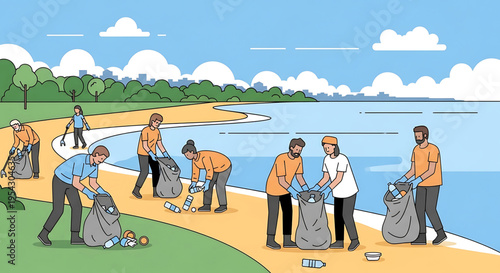 A group of people wearing gloves collecting trash in bags on a beach by the ocean.