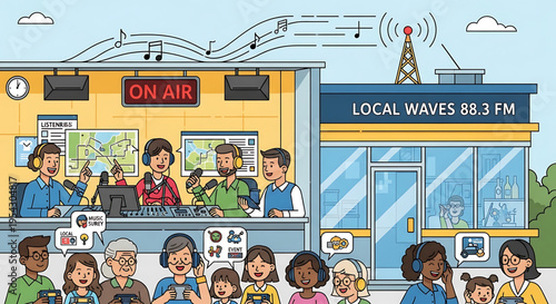 A colorful illustration of a radio station with a diverse group of people listening and broadcasting live