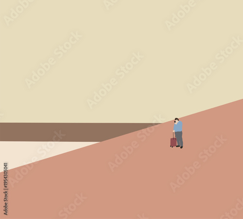 Traveler with luggage walking on modern city street. Concept of vacation, trip, adventure, and joyful travel lifestyle