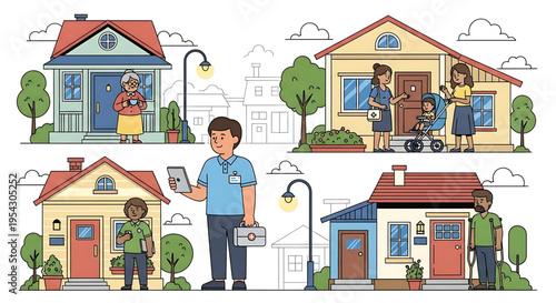 A vector graphic illustration of a mailman delivering mail to various houses with people in different scenarios