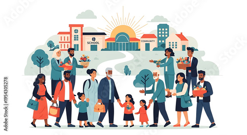 A diverse group of people walking together in front of a school building on a sunny day