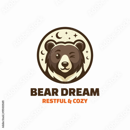 This cozy bear logo design features a winking bear against a dreamy background, perfect for businesses in the relaxation and sleep industry conveying comfort and coziness.