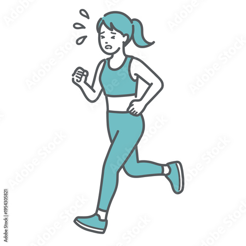 汗をかいて苦しそうにランニング（ジョギング）をする女性のイラスト