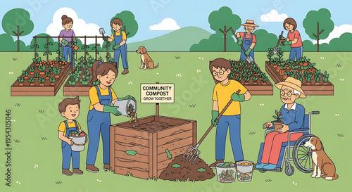 A vibrant community garden scene with people of all ages working together to grow and compost, surrounded by lush greenery and a clear blue sky.