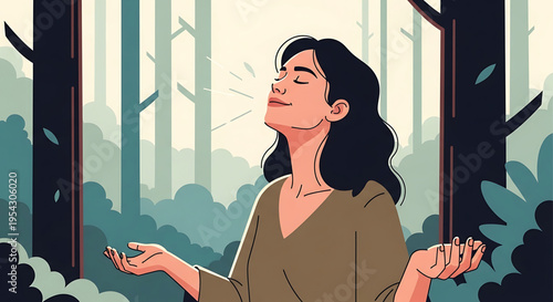 A serene woman meditating in a peaceful forest setting with her eyes closed and arms outstretched.