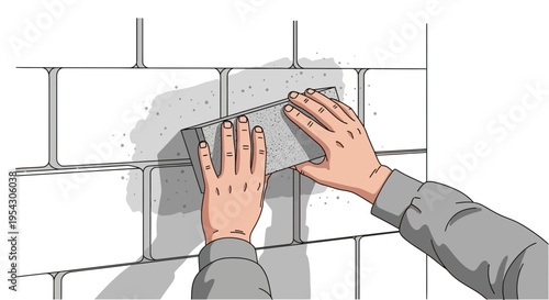 Detailed illustration capturing the concept of a builder's hands diligently applying a smooth finish to a brick wall, symbolizing expert masonry work and construction progress