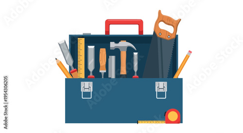 Essential hand tools neatly arranged in an open blue metallic toolbox, ready for various repair, construction, and DIY projects, representing maintenance and craftsmanship