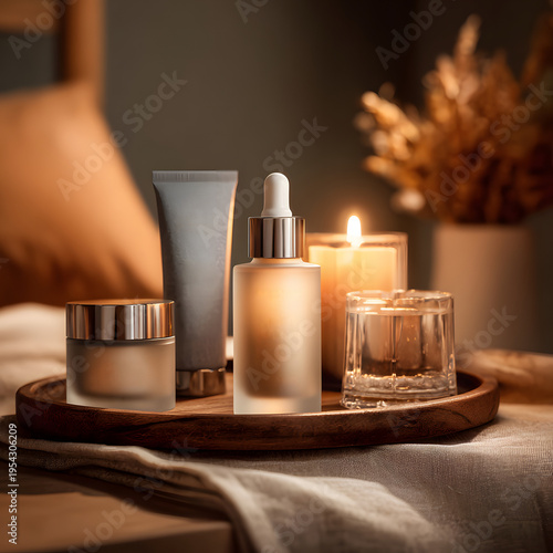 Relaxing Aromatherapy Still Life with Lavender Candle, Essential Oil Dropper and Linen Towel on Stone Surface