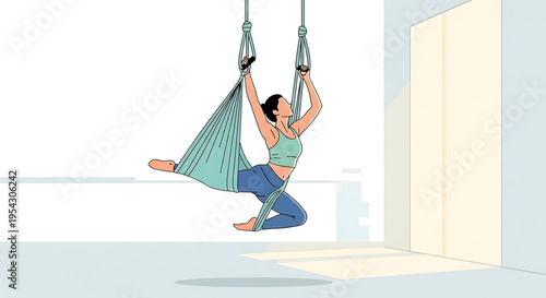 A woman practices aerial yoga in a serene studio with a hammock