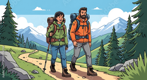 A cartoon illustration of a man and woman hiking in the mountains with backpacks and trekking poles