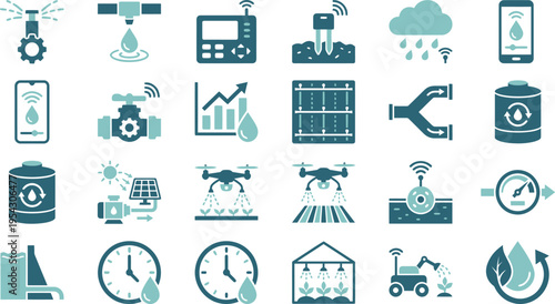 Collection of icons illustrating smart agriculture technology and modern water management systems.