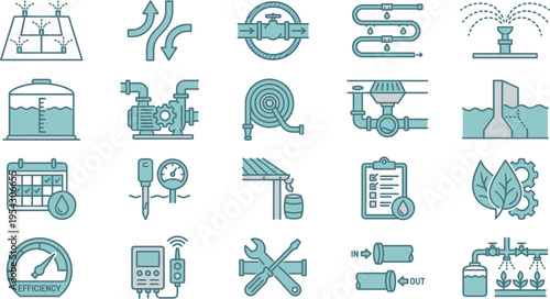 Collection of irrigation system components and water management icons for agriculture technology