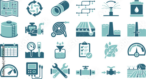 Comprehensive collection of blue and teal flat icons representing water management, irrigation, and agricultural systems.