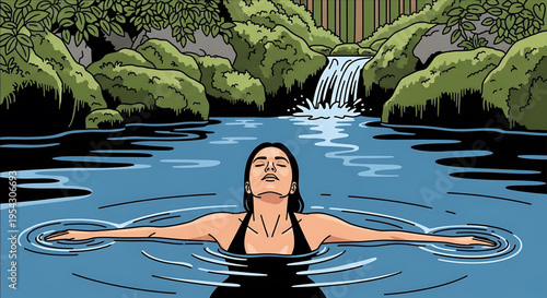 A serene woman relaxing in a natural pool surrounded by lush greenery and a small waterfall