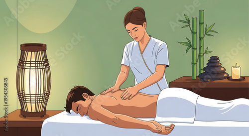 A professional massage therapist giving a relaxing back massage to a client in a serene spa environment.
