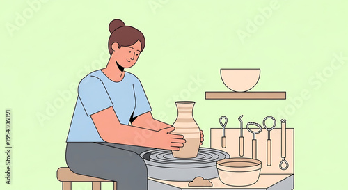 A woman creates a beautiful ceramic vase on a pottery wheel in a studio