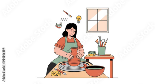 A woman creates a ceramic pot on a pottery wheel in a studio
