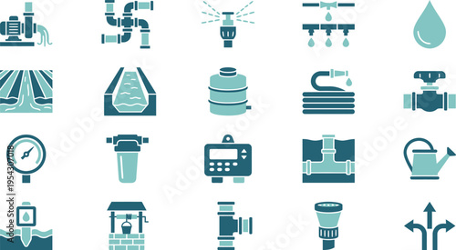A comprehensive collection of modern blue and teal icons for water management, irrigation, and plumbing.