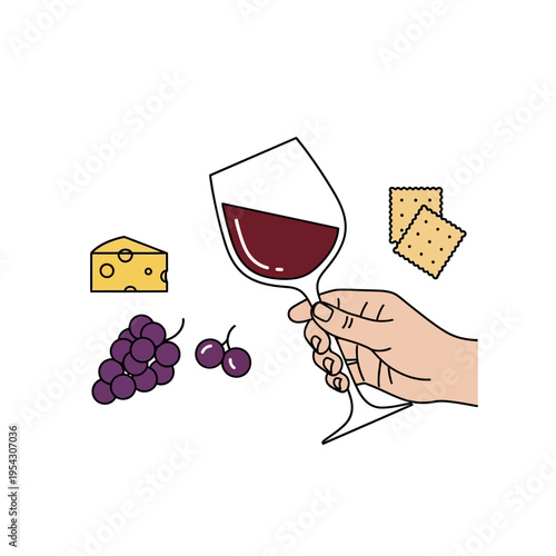 Hand holding wine glass with cheese, grapes, and crackers