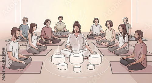 A group of people sitting in a circle practicing meditation and sound healing with singing bowls in a serene and peaceful environment.