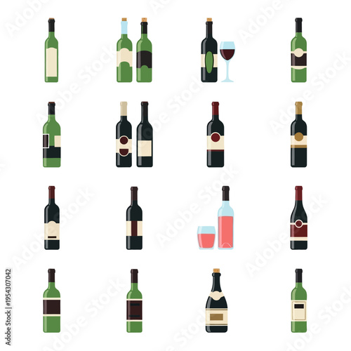 Collection of Wine Bottles and Glasses, Assorted Alcoholic Beverages