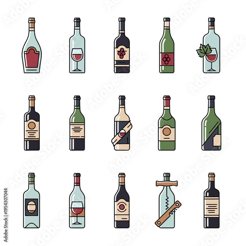 Collection of Wine Bottles Icons, Vector Illustration