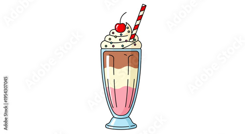 Layered milkshake illustration with distinct flavors, topped with whipped cream, a red cherry, and a striped straw, representing a sweet refreshing dessert