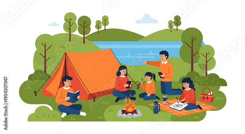 A family enjoys a camping trip with a tent, campfire, and scenic lake view in a vector graphic illustration.