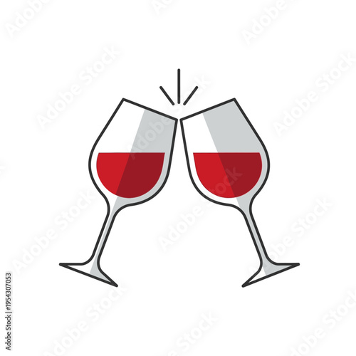 Two red wine glasses clinking in a toast, celebratory cheers, isolated on white background.