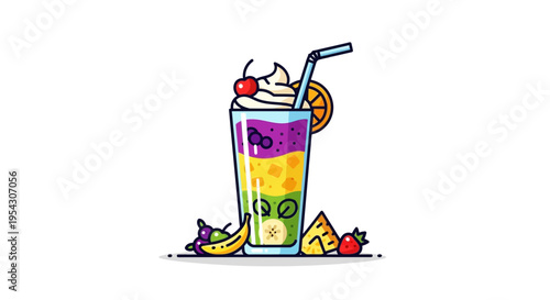 Refreshing and colorful fruit beverage illustration, showcasing a delicious layered drink with a variety of fresh fruits, perfect for a healthy treat