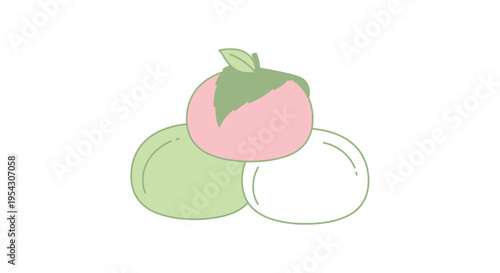 Simple illustration of three mochi desserts, one pink strawberry flavored, and two green and white, on a white background