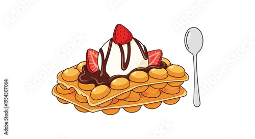 Delicious bubble waffle topped with ice cream, chocolate sauce, and fresh strawberries, served with a spoon