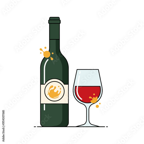 Red wine bottle and glass with splashes, isolated on white background