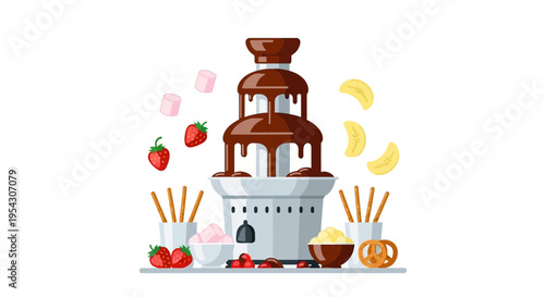 Sweet chocolate fondue fountain with rich melted cocoa, surrounded by fresh fruits, marshmallows, and crunchy snacks, perfect for dessert celebrations