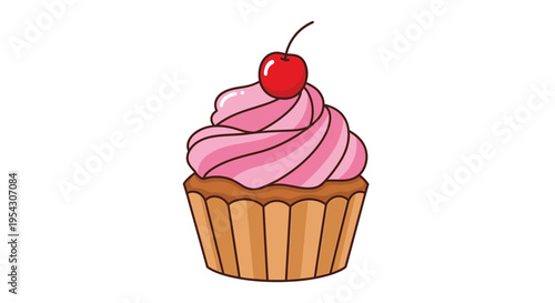 Delightfully Decorated Cupcake Illustration with Sweet Pink Frosting and a Bright Red Cherry Topping, Perfect for Bakery Designs and Celebration Graphics