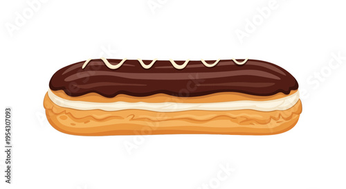 A delicious chocolate eclairs with cream filling and white icing, isolated on a white background, perfect for dessert or bakery promotion