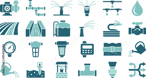 Collection of twenty essential irrigation system components and water management icons set