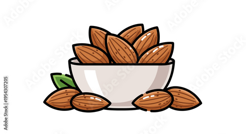 A simple white bowl filled with almonds, with a few scattered around the base, and a couple of green leaves adding a touch of color to this healthy snack