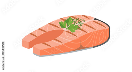 Tasty and healthy grilled salmon steak adorned with a sprig of fresh dill, perfect for culinary designs, menus, or food-related graphics and web elements