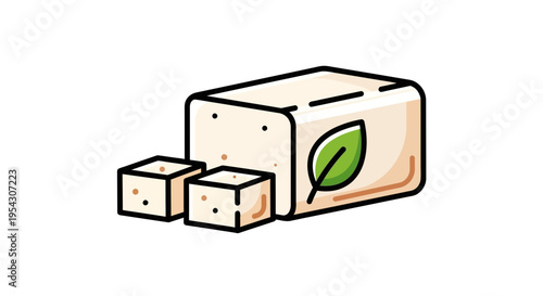 Delicious and healthy tofu block with two cubes, perfect for vegan and vegetarian recipes, featuring a green leaf emblem