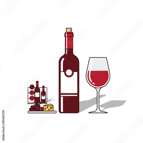 Red Wine Bottle, Glass, Grapes, Cheese, and Wine Rack - Still Life